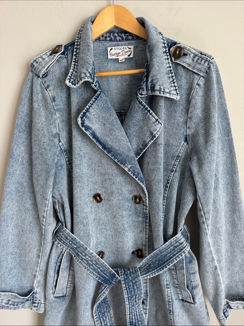 Stoosh Vintage Denim Acid Wash Belted Trench Coat Dress XL - Picture 3 of 12